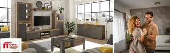 Modernes Wohnzimmer mit stilvoller Wohnwand in Holz und Beton Optik, Sideboard, Couchtisch und großen Fenstern. Daneben ein lachendes Paar, das sich im gemütlichen Zuhause wohlfühlt. Perfekte Inspiration für modernes Wohnen.